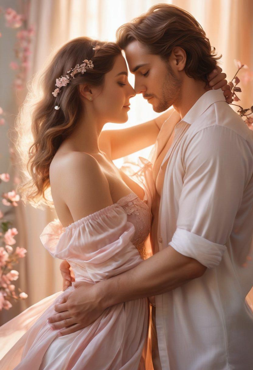 A serene and intimate scene depicting a couple embracing in soft, warm light, surrounded by delicate petals and subtle hints of sensuality. An ethereal atmosphere is created with gentle curves and flowing fabrics that enhance the feeling of connection and intimacy. The background features a gradient of soothing colors, reflecting deeper emotions and fulfilled desires. Capture the essence of love, trust, and vulnerability. super-realistic. soft pastels. ethereal light.