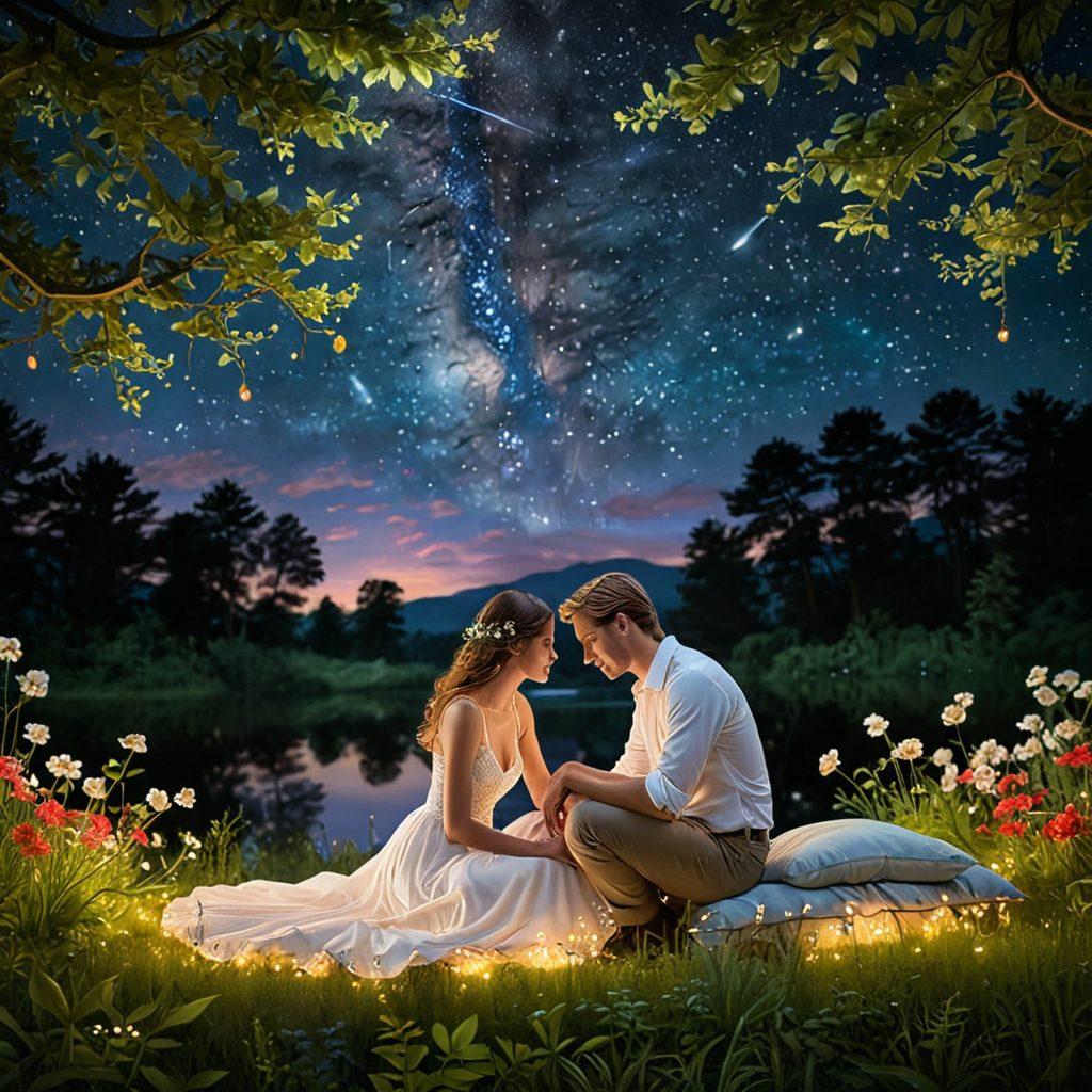 A serene couple sharing an intimate moment under a starlit sky, entwined with soft, warm lighting that accentuates their connection. Surrounding them, lush nature blooms with romantic flowers, while delicate fireflies dance around, creating a magical atmosphere. The scene captures the essence of passion and romance intertwined with a journey of desire. super-realistic. vibrant colors. soft focus.
